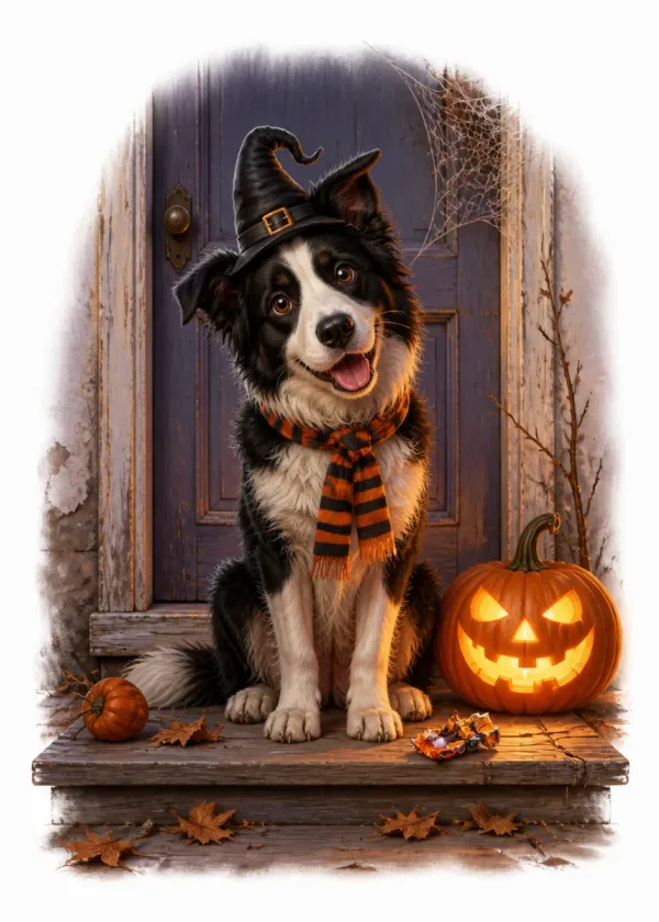 A Border Collie in a witch's hat and striped scarf on a doorstep beside a glowing jack-o'-lantern and autumn leaves