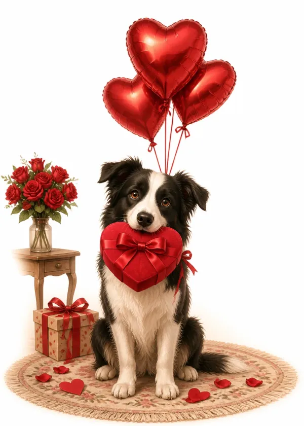 A Border Collie holding a red heart-shaped gift box in its mouth under red heart balloons with roses around it