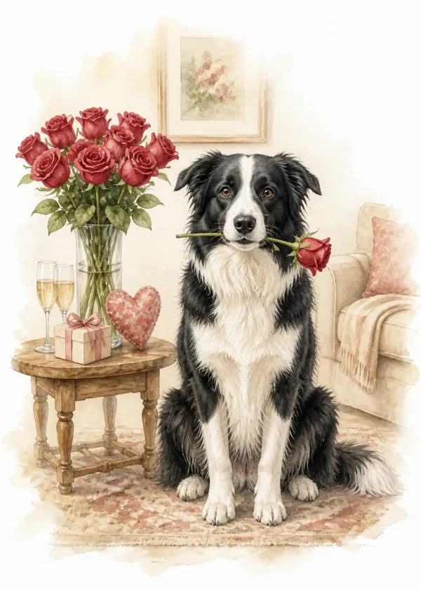 A Border Collie holding a red rose in its mouth beside a table with a vase of roses and two champagne glasses