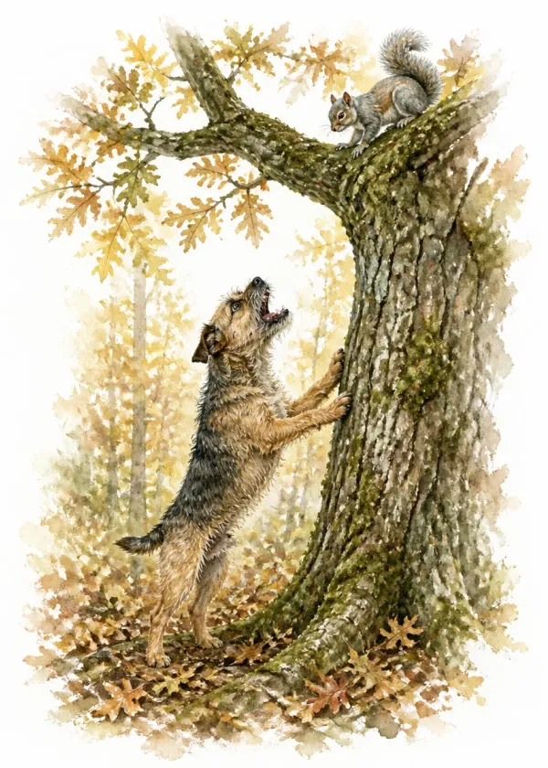 A Border Terrier on its back legs barking up an oak tree at a squirrel sitting on a branch