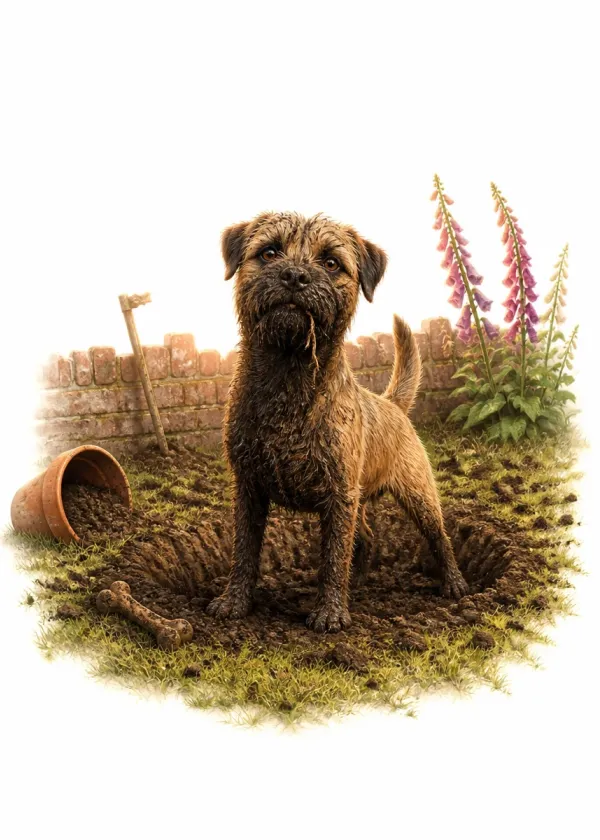 A muddy Border Terrier standing in a freshly dug hole in a garden with a bone and a tipped flower pot