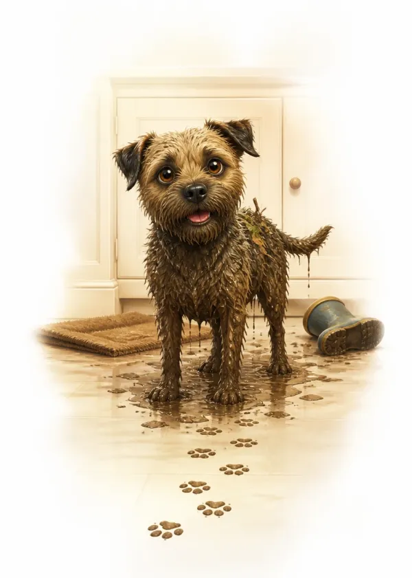 A Border Terrier dripping with mud on a clean floor with a trail of muddy paw prints and a fallen boot
