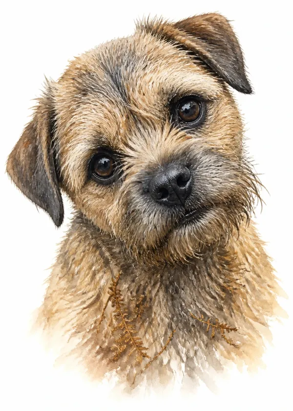 A close-up portrait of a Border Terrier with its head tilted looking straight at the viewer