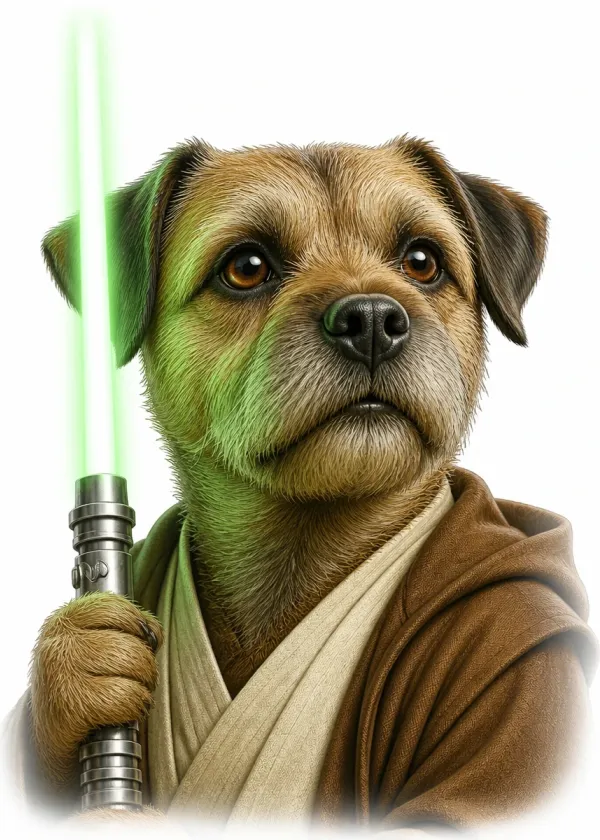 A Border Terrier wearing brown robes and holding a glowing green laser sword with a serious expression