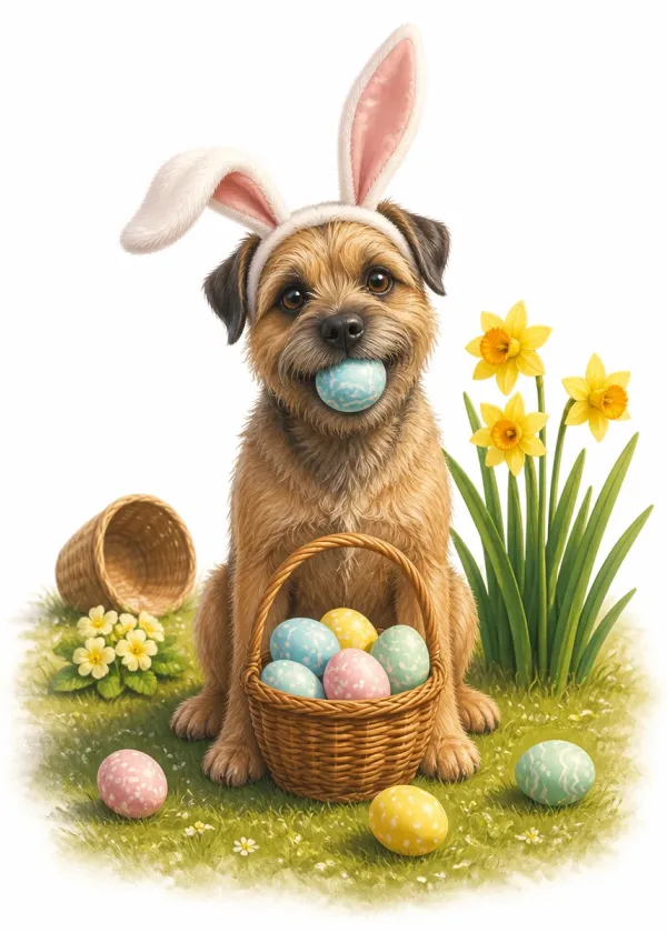 A Border Terrier wearing bunny ears holding a blue Easter egg in its mouth beside a basket of eggs and daffodils