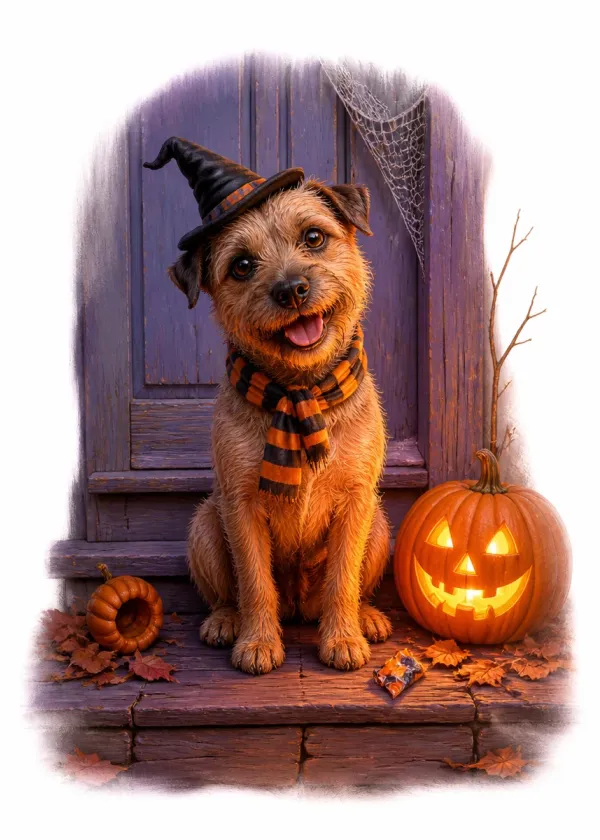 A Border Terrier in a witch's hat and striped scarf on a doorstep beside a glowing jack-o'-lantern
