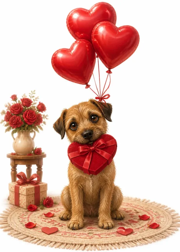 A Border Terrier holding a red heart-shaped gift box in its mouth under red heart balloons with roses around it