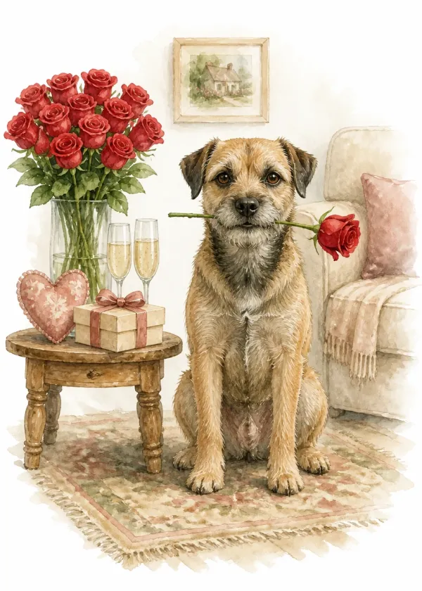 A Border Terrier holding a red rose in its mouth beside a table with a vase of roses and two champagne glasses