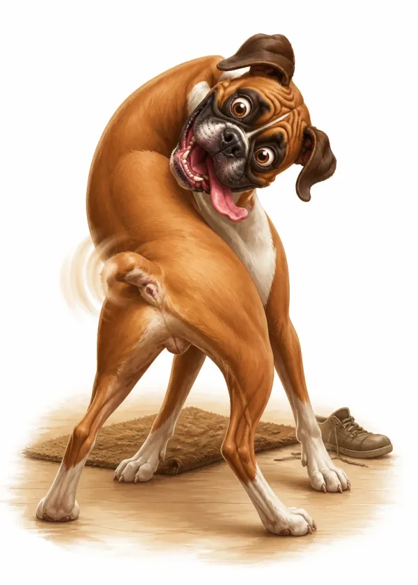 A Boxer curved round in a full-body wiggle with its head turned back and tongue out on a doormat