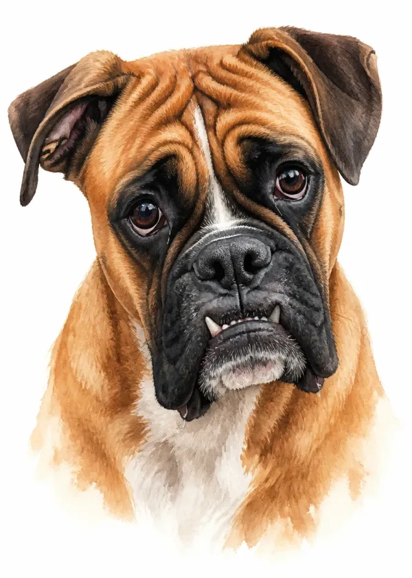 A close-up portrait of a Boxer with a wrinkled brow and big sad eyes looking at the viewer