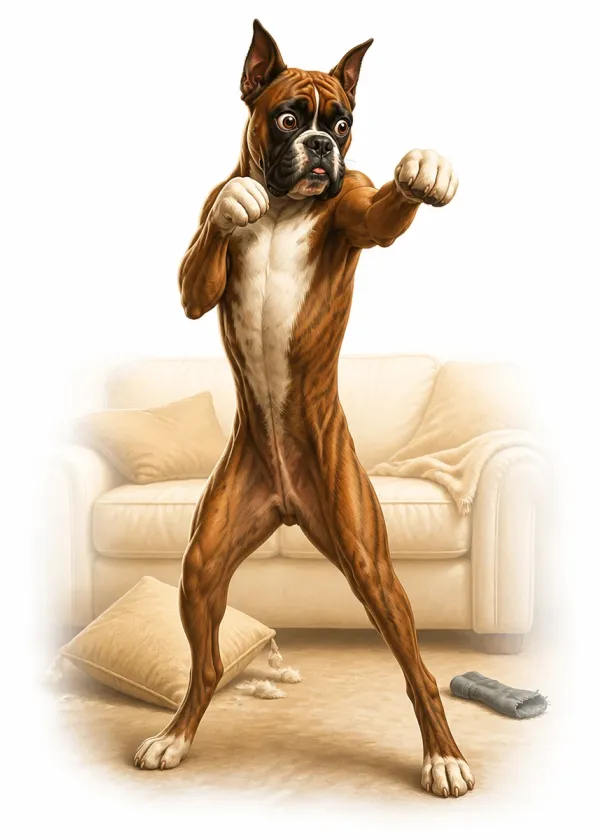 A Boxer standing on its back legs with its front paws raised like a boxer in a living room