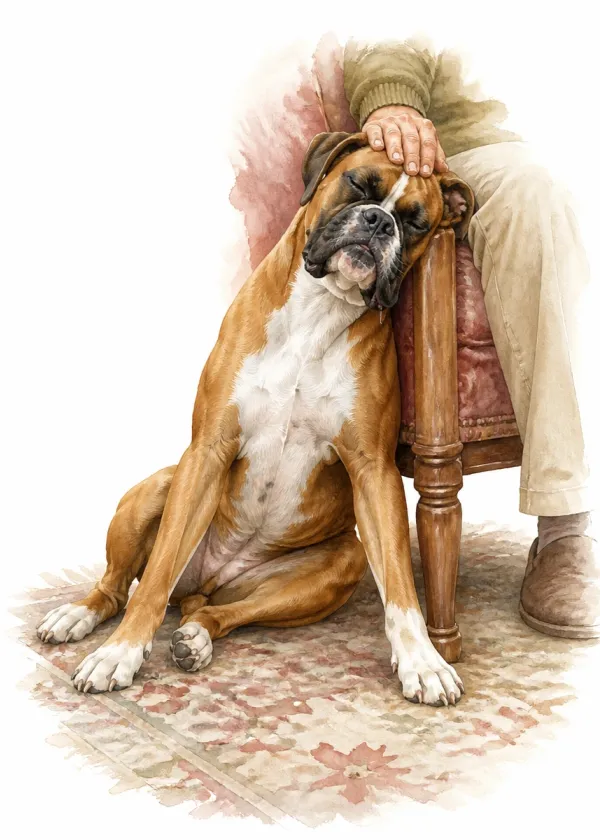 A Boxer leaning against a person's chair with its eyes closing as a hand strokes its head