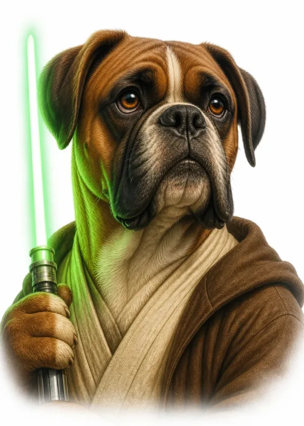 A Boxer wearing brown robes and holding a glowing green laser sword with a serious expression