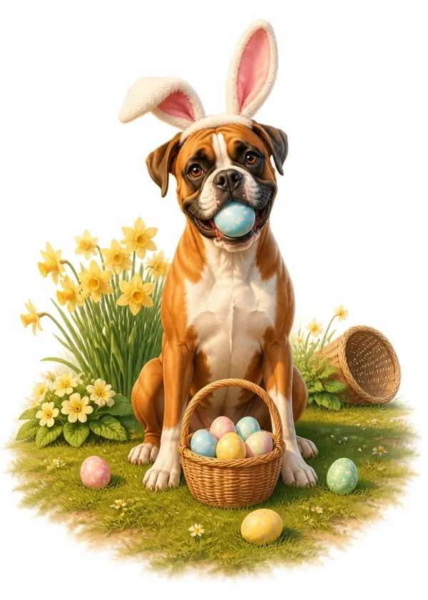 A Boxer wearing bunny ears holding a blue Easter egg in its mouth beside a basket of eggs and daffodils