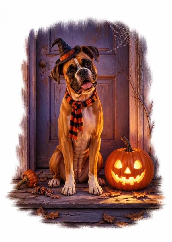 A Boxer in a small witch's hat and striped scarf on a doorstep beside a glowing jack-o'-lantern