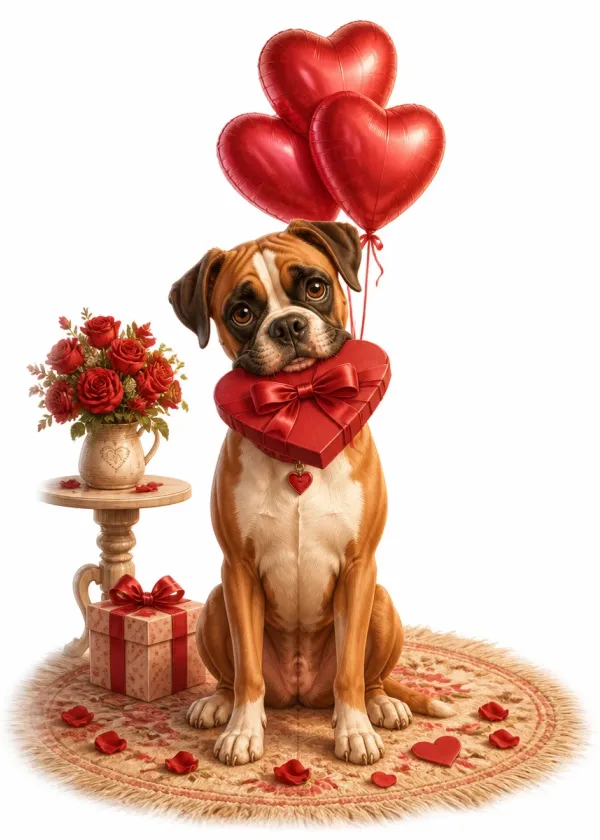 A Boxer holding a red heart-shaped gift box in its mouth under red heart balloons with roses around it