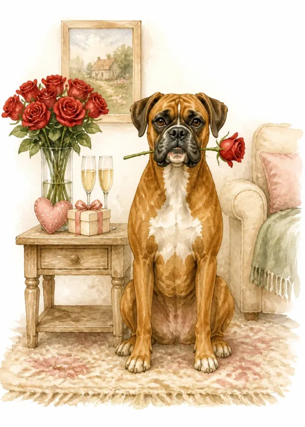 A Boxer holding a red rose in its mouth beside a side table with a vase of roses and two champagne glasses