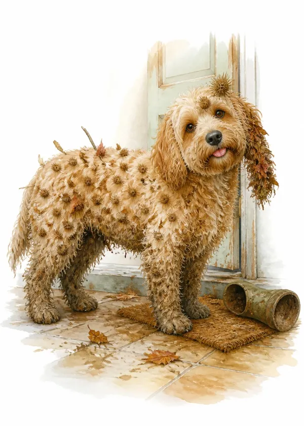 A Cockapoo covered in burrs and twigs standing on a doormat at the back door after a walk