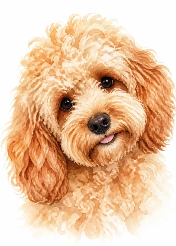 A close-up portrait of a curly apricot Cockapoo with its head tilted and a little pink tongue showing