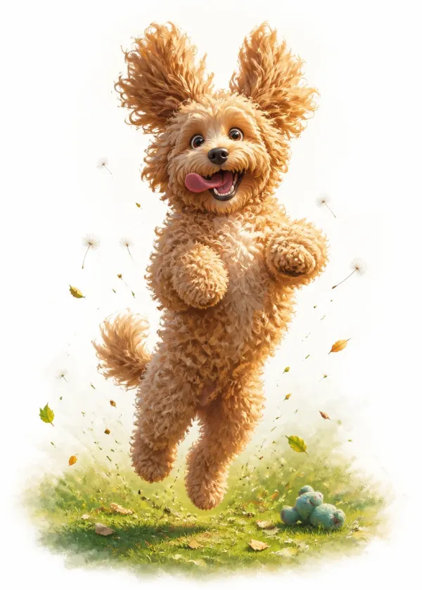 A Cockapoo leaping high in the air off the grass with its ears flying and tongue out