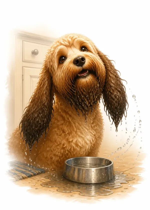 A Cockapoo with soaking wet dripping ears sitting beside a metal water bowl on a kitchen floor