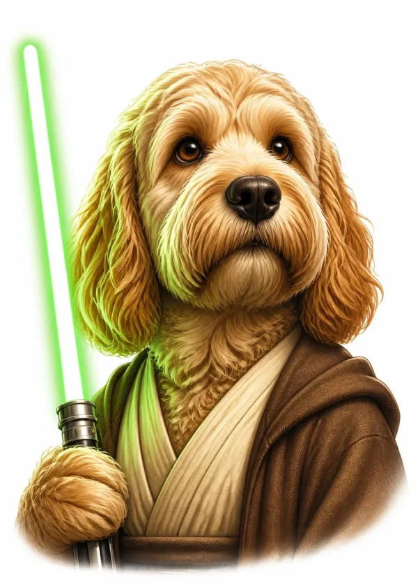 A Cockapoo wearing brown robes and holding a glowing green laser sword with a serious expression