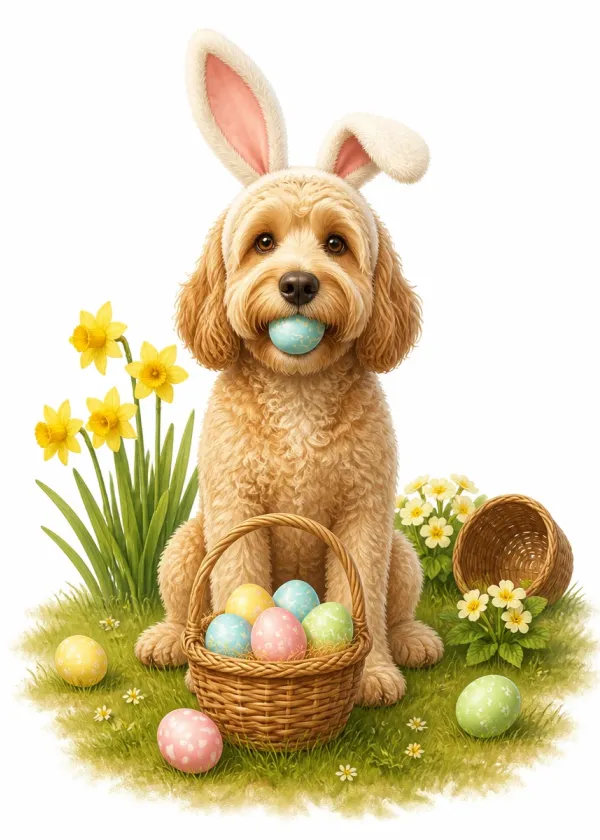 A Cockapoo wearing bunny ears holding a blue Easter egg in its mouth beside a basket of eggs and daffodils