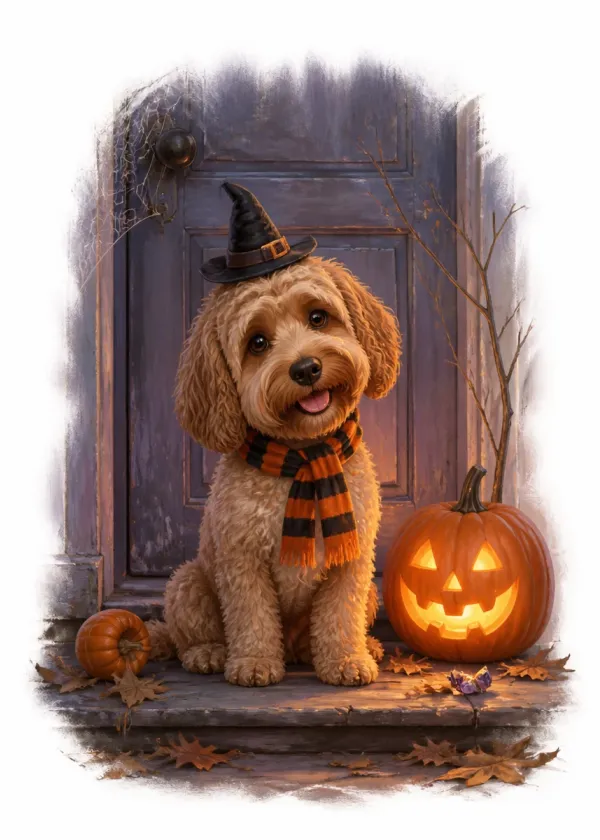 A Cockapoo in a small witch's hat and striped scarf on a doorstep beside a glowing jack-o'-lantern