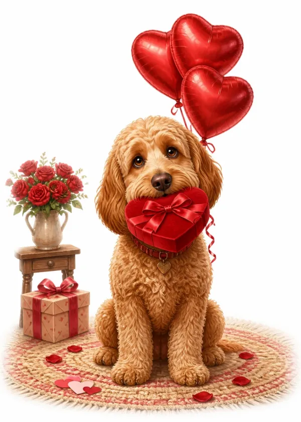 A Cockapoo holding a red heart-shaped gift box in its mouth under red heart balloons with roses around it