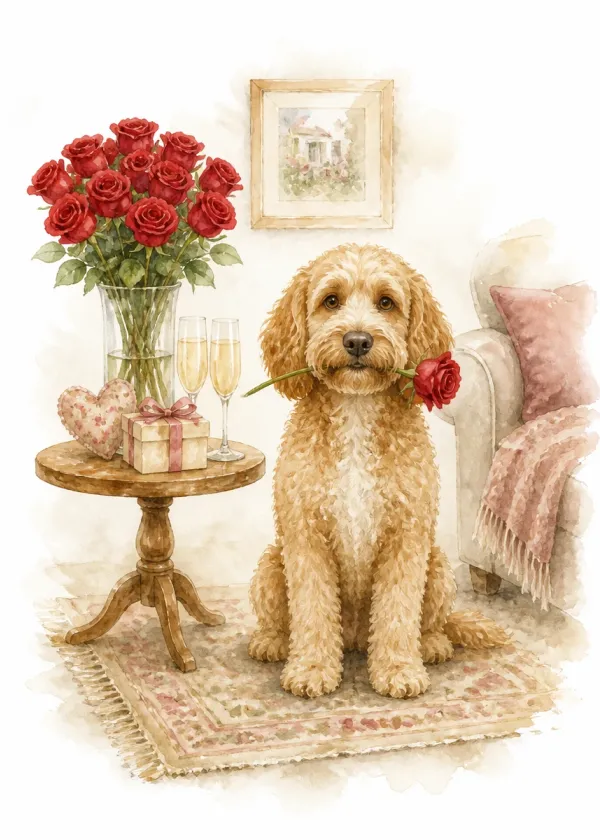 A Cockapoo holding a red rose in its mouth beside a table with a vase of roses and two champagne glasses