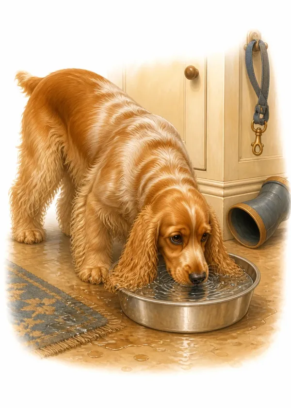 A Cocker Spaniel drinking from a metal water bowl with its long ears hanging in the water