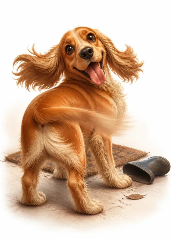 A happy Cocker Spaniel looking back over its shoulder with its tail wagging in a blur beside a fallen welly
