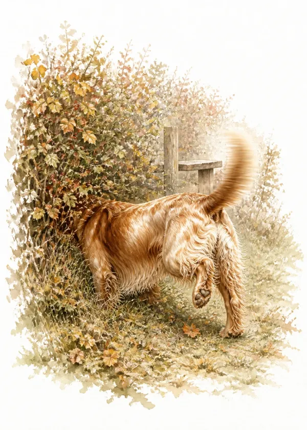 A Cocker Spaniel with its head buried in a hedge and its tail up beside a wooden stile