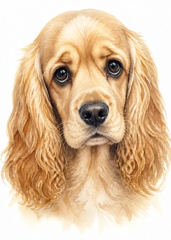 A close-up portrait of a golden Cocker Spaniel with long ears and big sorrowful eyes
