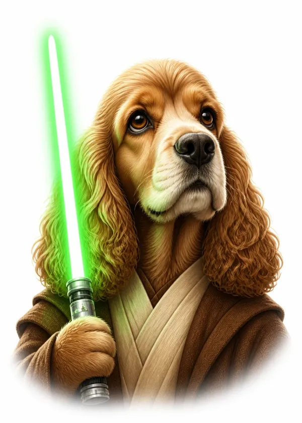 A Cocker Spaniel wearing brown robes and holding a glowing green laser sword with a noble expression