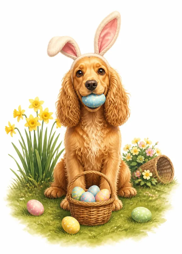 A Cocker Spaniel wearing bunny ears holding a blue Easter egg in its mouth beside a basket of eggs and daffodils