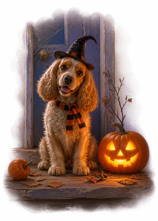 A Cocker Spaniel in a witch's hat and striped scarf on a doorstep beside a glowing jack-o'-lantern