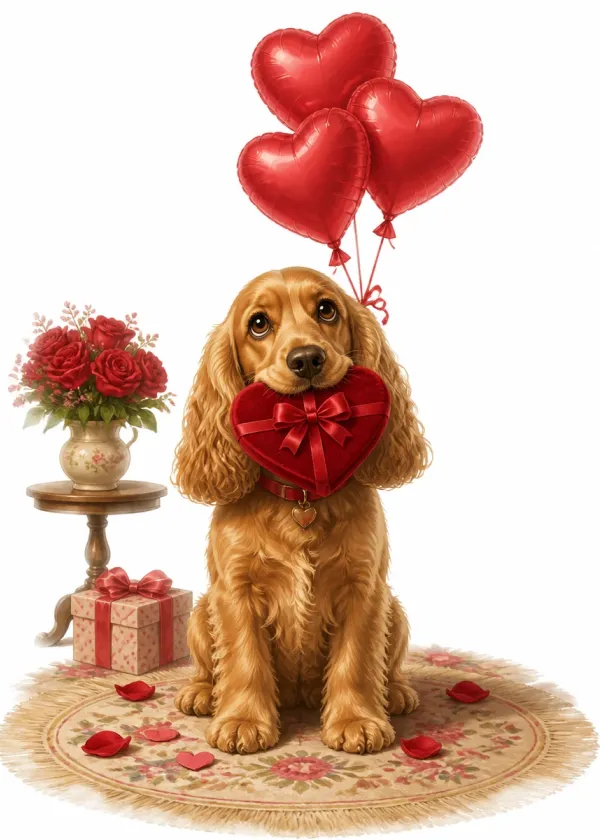 A Cocker Spaniel holding a red heart-shaped gift box in its mouth under red heart balloons with roses around it