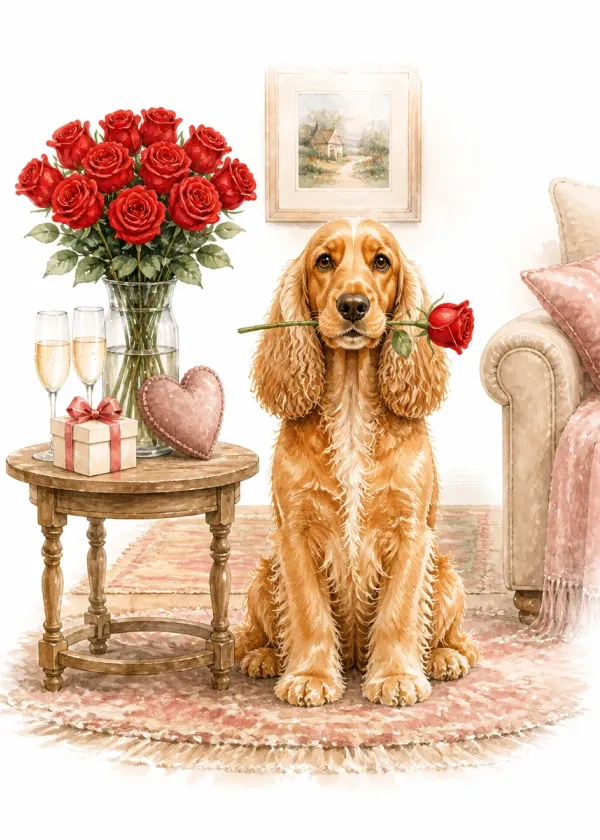 A Cocker Spaniel holding a red rose in its mouth beside a table with a vase of roses and two champagne glasses