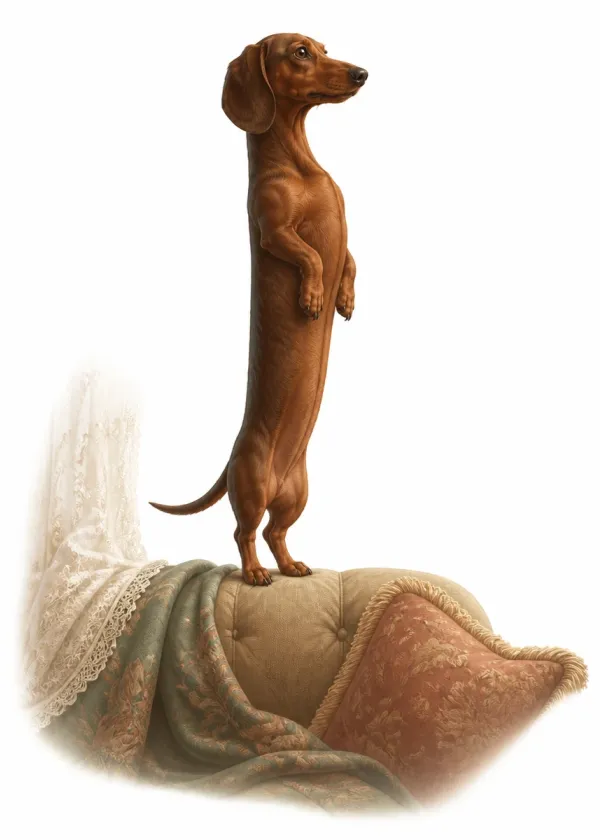 A Dachshund standing upright on its back legs on the arm of a sofa looking towards a window
