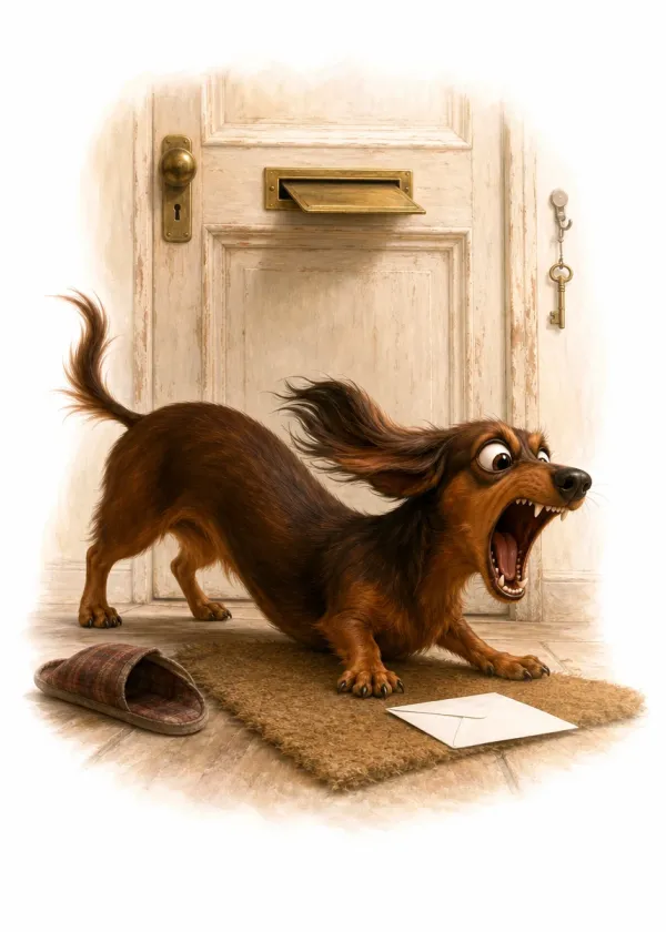 A long-haired Dachshund barking furiously at a letterbox with a letter on the doormat