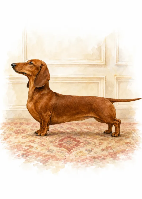 A red smooth-haired Dachshund standing side-on across a patterned rug showing its long body