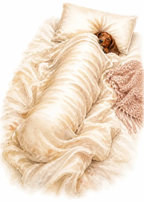 A Dachshund burrowed under a thick cream duvet with only its head peeking out beside the pillow