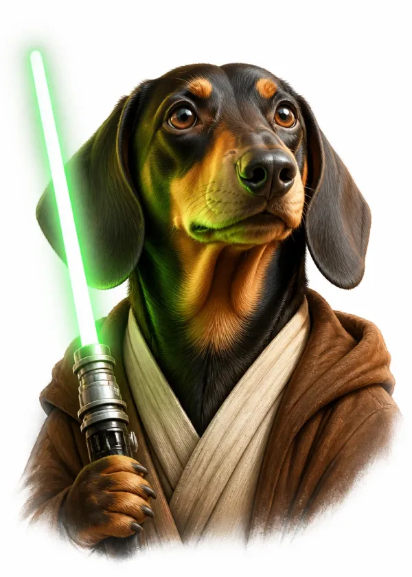A Dachshund wearing brown robes and holding a glowing green laser sword with a serious expression