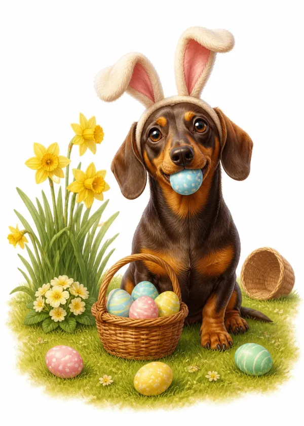 A Dachshund wearing bunny ears holding a blue Easter egg in its mouth beside a basket of eggs and daffodils