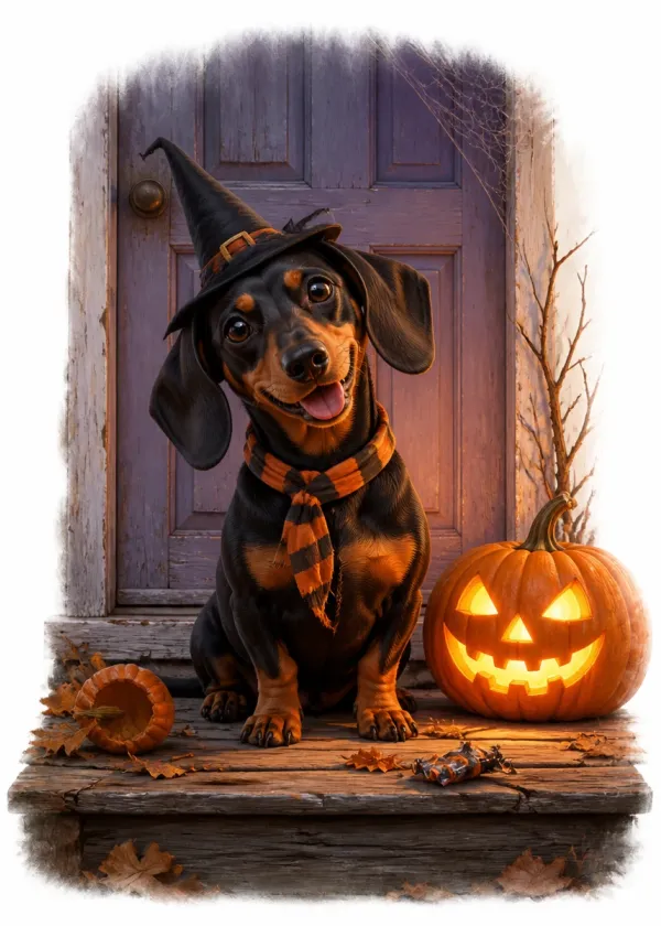 A Dachshund in a witch's hat and striped scarf on a doorstep beside a glowing jack-o'-lantern