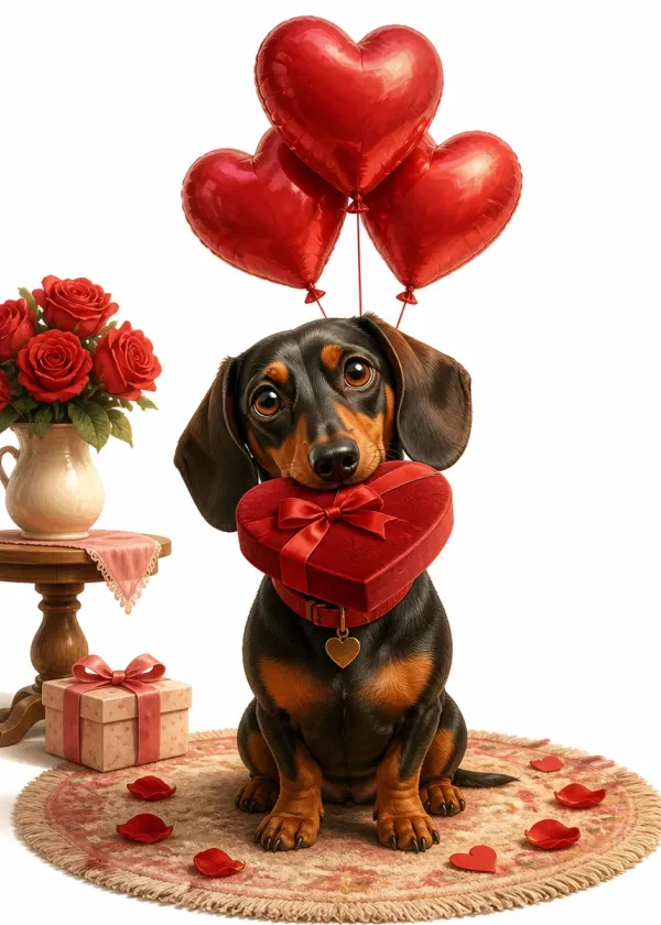 A Dachshund holding a red heart-shaped gift box in its mouth under red heart balloons with roses around it