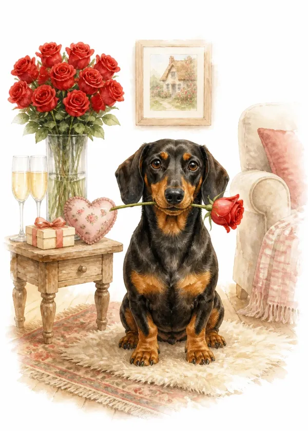 A Dachshund holding a red rose in its mouth beside a side table with a vase of roses and two champagne glasses