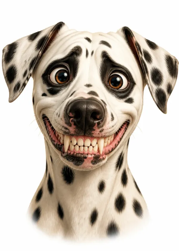 A close-up of a Dalmatian giving a wide toothy grin with big eyes