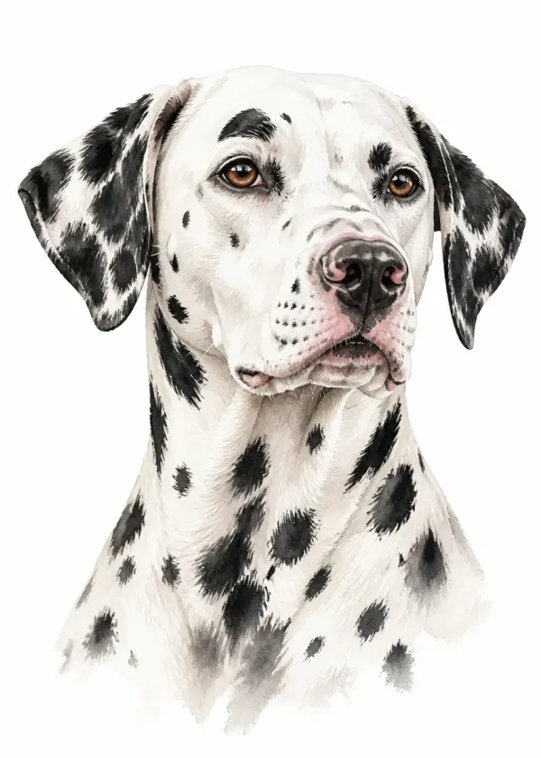 A detailed portrait of a Dalmatian with black spots and amber eyes looking at the viewer